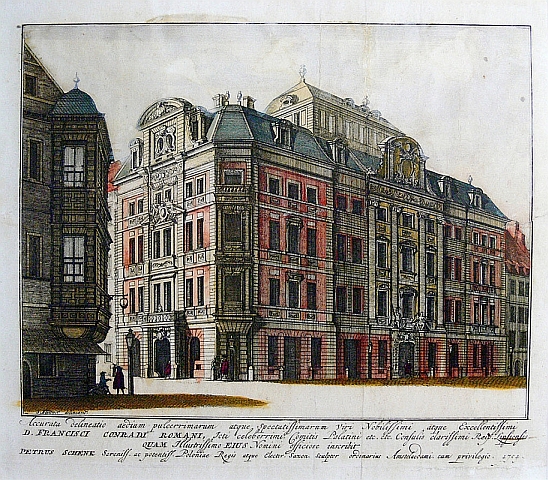 Das Romanunshaus in Leipzig, Kupferstich 1704 von Peter Schenk